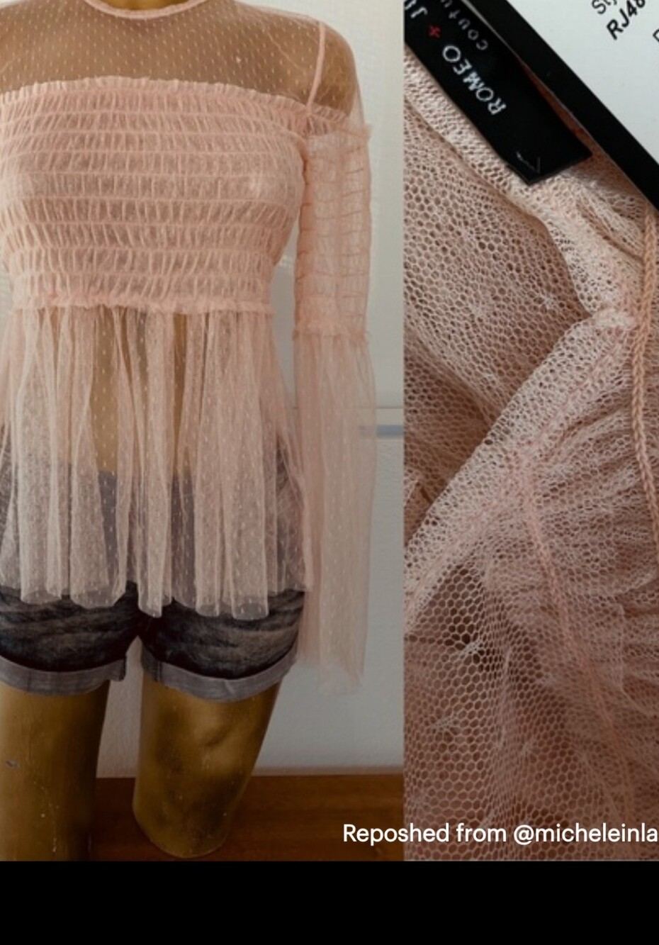 Romeo & Juliet Couture Sheer Blush Peach Smocked Peplum Top P$130.Msrp